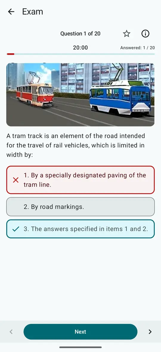Exam simulation, question 1 of 20 in English: a photo of a tram track, with a wrong and the correct answer marked